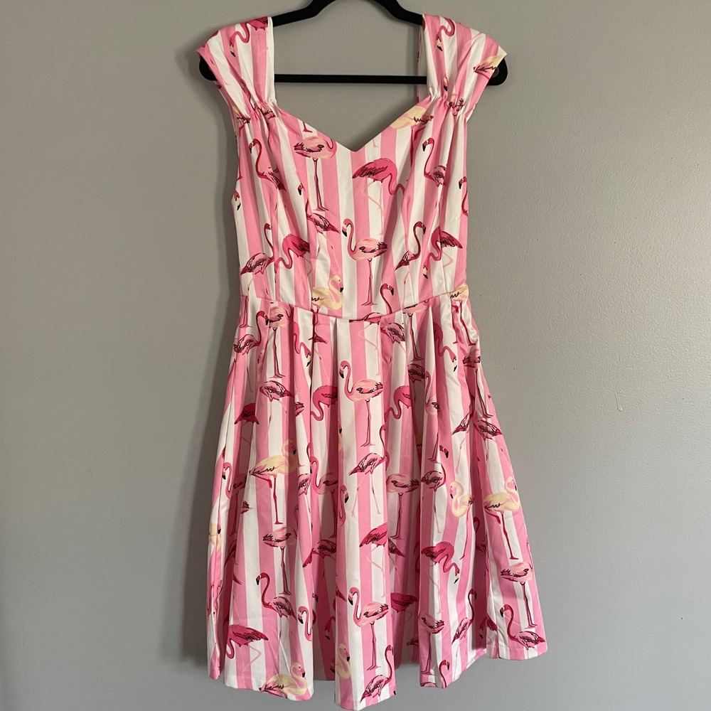 Lindy Bop Nadia Flamingo Stripe‎ Retro Rockabilly Midi Dress Pink White US 6